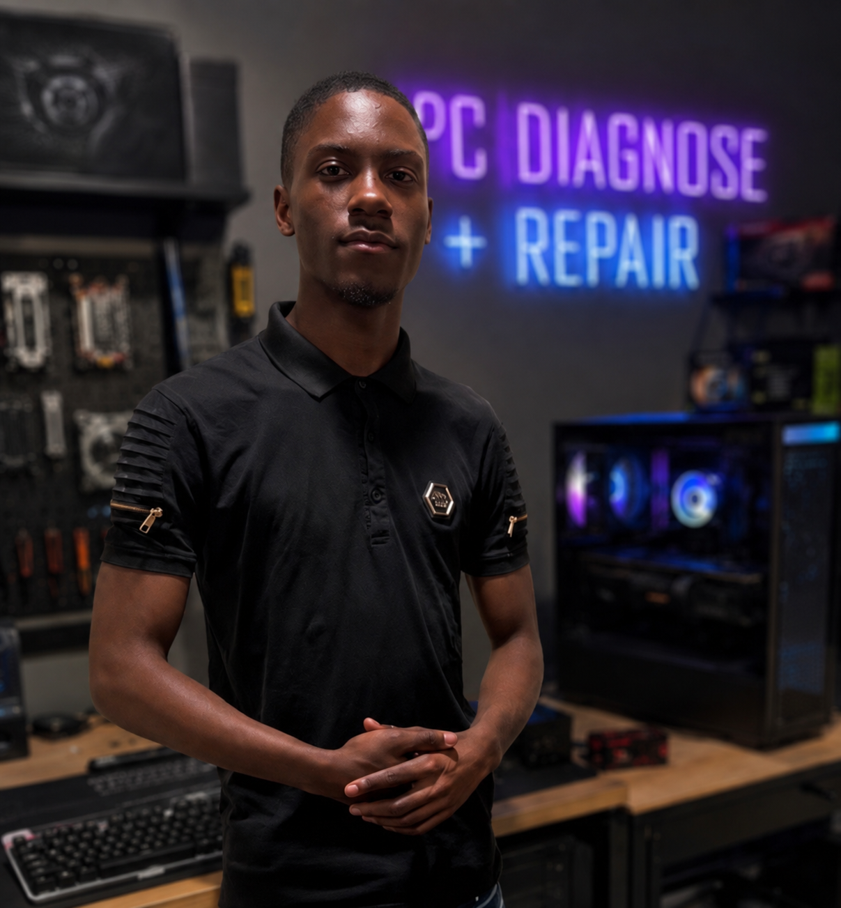 Davante, founder of Dav's D&R, in his repair workshop